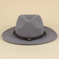Grey wool felt fedora hat featuring brown leather band with vintage metal buckle - M (56-58cm) / Gray