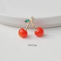 Detail of red cherry pendant charm with golden stem and green leaf measuring 25x31mm - Gold Stem Bright Red Cherry with Zirconia