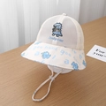 Detail of blue dinosaur embroidery on white breathable mesh sun hat with windproof drawstring - 52cm (2-5 Years) / Blue