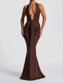 Chocolate brown deep V-neck halter dress with ruched waist and mermaid hemline - Coffee