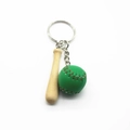 Detail view of mini wooden baseball bat and green softball keychain with metal ring - 4.5CM Short Bat/Dark Green Ball