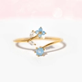 Bague ouverte dorée élégante avec fleurs bleues et cristaux en forme de feuilles - Ouvert Réglable / Doré