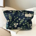 Retro deep blue floral fabric toiletry bag with white and green botanical patterns - Navy Cherry Blossom