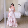 Weißes Off-Shoulder Maxikleid mit Seestern-Muster und gesmoktem Oberteil für den Sommer - Weiße Blume