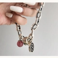 Retro silver metal chain bracelet with pink bead and black engraved coin pendant charm - Clock Pink Ball Style-SL0193