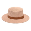 Detail of a woven straw boater hat featuring a brown leather band and gold rivet detail - M (56-58cm) / Light Pink