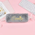 Süßes graues Plüschfedermäppchen mit Candy-Stickerei und rosa Satinschleifen für Schüler - Kreative Süßigkeitenform / Grau