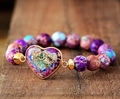 Handmade woven heart bracelet with purple and blue imperial stones and gold trim - Round Bead Heart Emperor Blue