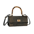 Elegante borsa nera con trama a coccodrillo, manico in bambù e chiusura a scatto dorata - Nero