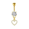 Golden belly button ring with round zircon and heart pendant featuring micro-pave setting - Gold Heart Pendant