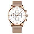 Fashion rose gold stainless steel mesh watch with white chronograph dial and date window - White Dial Rose Gold Hands Rose Gold Strap