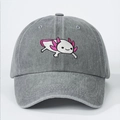 Washed dark gray baseball cap with pink axolotl embroidery, stylish outdoor sun hat - One Size / Gray