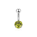 Detailed macro of silver stainless steel belly ring with olive green round zircon stone - Olive Green Zirconia