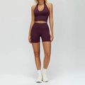 Ensemble de yoga sans couture violet foncé avec débardeur col V et short taille haute - S / Haut Et Bas / Ensemble deux pièces (Soutien-gorge + Short) / Rouge prune