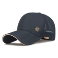 Dark blue breathable summer baseball cap with golden metal plaque and mesh panels - Adjustable / Navy Blue