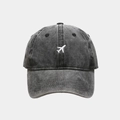 Washed charcoal grey baseball cap featuring white airplane embroidery on the front - M(56-58cm) / Black