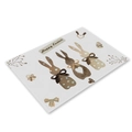 Happy Easter linen placemat featuring watercolor rabbits and woven texture on white background - CD001-1 Three Rabbits with Bow