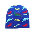 Blue knitted beanie for kids featuring colorful cartoon dinosaur patterns on white background - M(48-52cm) / Royal Blue