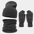 Three-piece dark grey winter set with knit beanie, neck warmer, and touchscreen gloves - Deep Heather Grey