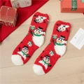 Thick warm red Christmas coral fleece socks featuring a white snowman pattern - Full Body Snowman