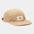 Detailed close-up of khaki five-panel camp cap with embroidered maple leaf patch - Adjustable / Khaki