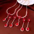 Luxury zircon flower tassel necklace and earring set with large red teardrop pendants - Red Gemstone Set (One Set Each in Gold and Silver)