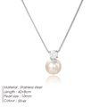 Detail view of 10mm pearl pendant on silver stainless steel necklace with specifications - Steel
