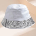 Chic white disco bucket hat featuring sparkling silver rhinestone trim on the brim - White Rhinestone Decoration Style