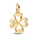 Poliertes goldenes vierblättriges Kleeblatt-Anhänger mit funkelndem Edelstein - Gold Hohlraum Einzel-Diamant Kleeblatt (034)