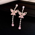Boucles d'oreilles papillon rose élégantes avec gemmes poire et cristaux brillants - 60# Boucles d'oreilles pendantes papillon zircone rose doré (Silver Earring Post)