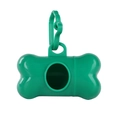 Green bone shaped poop bag dispenser for dogs with integrated plastic hook and extraction hole - Bone Dispenser Dark Green