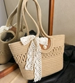Beige woven straw tote bag with white lace bow and pearl leather buckle accent - Khaki Hollow Out Style (with Scarf)
