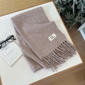Soft light brown wool-blend scarf with fringe tassels shown on a cozy desk setup - 39 Purple Chrysanthemum / Over 175cm