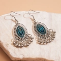 Detail of vintage silver boho drop earrings with blue stone and metal bead tassels - Blue