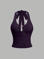 Sexy dark purple halter top with gold ring accent and ruched waist on grey background - S / Purple