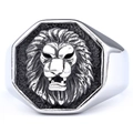 Vintage stainless steel lion head signet ring for men with polished silver finish - US 7 / Steel