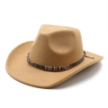 Khaki wool felt cowboy hat with steampunk gear band and wide brim in high-quality finish - M(56-58cm) / Camel