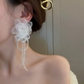 Elegant long fringe floral tassel earrings with white lace petals and crystals - White Flower Crystal Tassel (27#)