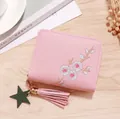 Cute pink PU leather wallet for women with floral embroidery and tassel charm - Light Pink (Flower Embroidery)