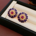 Vintage floral stud earring with blue enamel, pink gemstone and white pearl detail - Silver Earring Post Blue Enamel Pink Gemstone Flower Earrings
