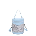 Secchiello in pelle PU azzurra con ricamo floreale e manico superiore alla moda - Blu