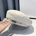 Detail of off-white twill beret with khaki leather strap and silver metal buckle - M (56-58cm) / Beige