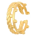 Bohemian gold stainless steel open ring with tiered leaf design and beaded texture - Hemp Rope Triple Leaf Style (Z-386)