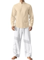 Ensemble en lin pour homme avec chemise col officier abricot et pantalon blanc - S / Kaki + Blanc