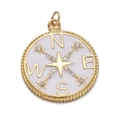 Macro view of a gold compass pendant with white enamel, cubic zirconia and NESW letters - White Enamel Compass(CX153-08) / Pendant Only (Without Chain)