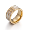 Wide gold ring with double rows of white shell and centered zircon rows in 18k plating - US 6 / 10mm Gold (KR39017-K)