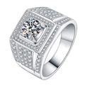 Silver square men's ring featuring a large round center stone and pave zircon details - Full Diamond Ring [white Gold] Ljz-200 / Adjustable Open