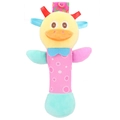 Plush yellow duck baby rattle stick with squeaker and pink polka dot fabric body - Duck (Yellow)