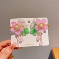 Pink floral hair clips with pearls and tassels for girls in traditional Chinese style - Feixia Pair Set