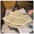Beige crochet straw sun hat with elegant white pearls and ribbon for women - M / Pearl Edge Flat Stitch Bucket Hat-Beige